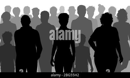 Silhouette vettoriali modificabili di un gruppo misto di persone che camminano lungo una strada Illustrazione Vettoriale