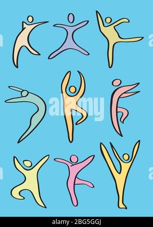 Illustrazione vettoriale dell'icona stilizzata dei ballerini che fanno movimenti di danza contemporanea. Icona colorata impostata isolata su sfondo blu Illustrazione Vettoriale