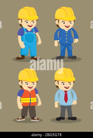 Design vettoriale di lavoratori e professionisti che indossano casco giallo nell'edilizia e nell'edilizia. Illustrazione Vettoriale