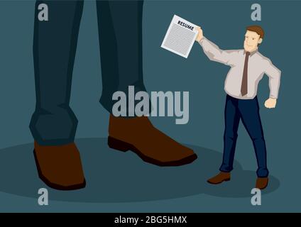 Fumetto uomo d'affari come cercatore di lavoro, consegnando il suo curriculum a sconosciuto gigante uomo, rappresentante datore di lavoro. Illustrazione creativa vettoriale per occupazione e ric Illustrazione Vettoriale