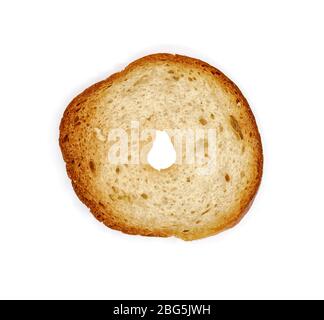 Bruschette, una fetta di pane cotto su fondo bianco Foto Stock