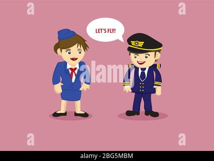 Simpatico vettore cartoon mascotte di un pilota dicendo Let's Fly ad aria stewardess in uniforme blu isolato su sfondo rosa Illustrazione Vettoriale