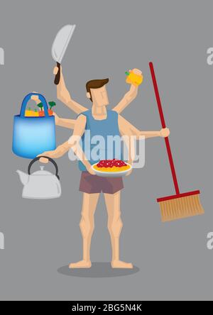 Illustrazione vettoriale di uomo cartoon in abiti domestici con molte mani che tengono diversi oggetti domestici isolati su sfondo grigio. Illustrazione Vettoriale