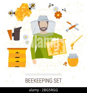 Set di icone vettoriali di prodotti apicoltura. Illustrazione Vettoriale