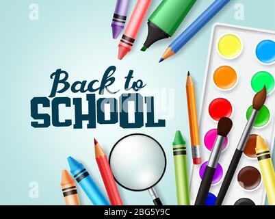 Torna a scuola vettore banner design. Testo di ritorno a scuola con elementi colorati della scuola e gli elementi di istruzione come matita di colore, pastelli, colore dell'acqua. Illustrazione Vettoriale