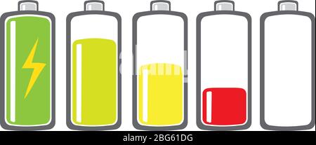 Indicatore di carica della batteria impostato con colori. Livello di energia della batteria in carica. Illustrazione vettoriale. Illustrazione Vettoriale
