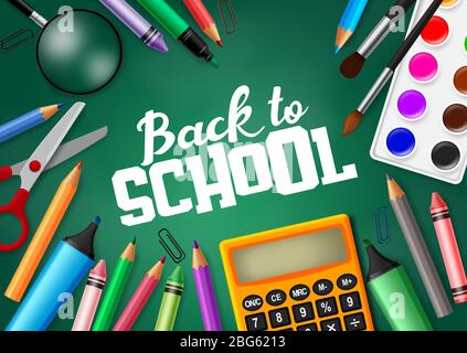Torna a scuola vettore banner design. Tipografia di ritorno a scuola in lavagna spazio vuoto per testo con forniture scolastiche ed elementi educativi. Illustrazione Vettoriale