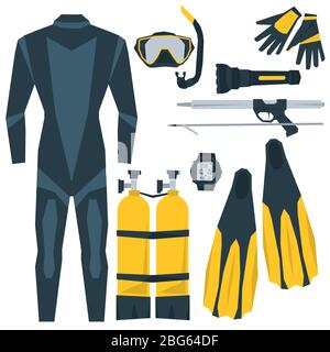 Set di icone vettoriali di attrezzature per immersioni Illustrazione Vettoriale