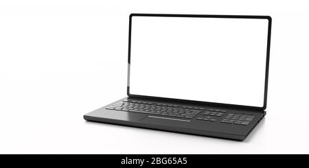 Laptop aperto, schermo bianco vuoto isolato su sfondo bianco, mockup, modello. illustrazione 3d Foto Stock