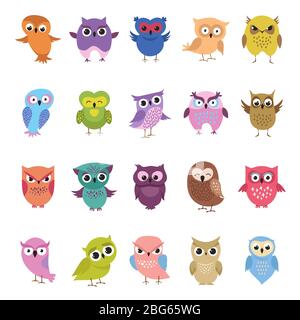 Cartoon carino gufi set. Divertente e arrabbiato uccelli colorati grande collezione. Illustrazione vettoriale Illustrazione Vettoriale