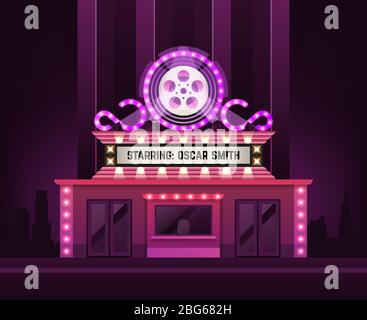 Esterno dell'edificio del cinema. Ingresso al cinema con illustrazione vettoriale di banner in marquee chiaro retrò. Edificio del cinema di architettura, facciata esterna Illustrazione Vettoriale