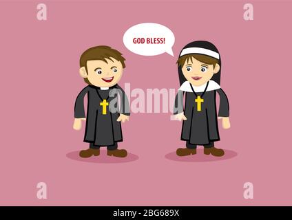Illustrazione vettoriale di un nun che dice che Dio benedica ad un sacerdote in stile carino cartone animato Illustrazione Vettoriale