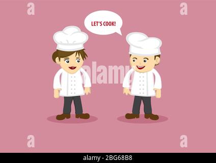 Il detto di Chef maschile lascia Cook a Chef Female. Cartoni animati vettoriali per l'industria alimentare e delle bevande. Illustrazione Vettoriale