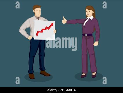 Cartoon businesswoman che dà un pollice su gesto a businessman che tiene un grafico con freccia su. Illustrazione vettoriale per complimenti per buona conce di lavoro Illustrazione Vettoriale