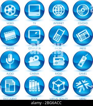 Illustrazione Vettoriale. Icone di controllo multimediale in pulsanti circolari. Colore blu. Illustrazione Vettoriale