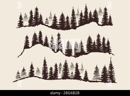 Foresta d'incisione d'epoca. Set di vettori di abete per schizzo a forma di dodle. Illustrazione della silhouette di abete e pino, schizzo di foresta sempreverde Illustrazione Vettoriale