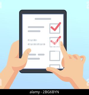 Mani in mano con tablet con modulo di sondaggio online e questionario. Concetto di vettore di feedback per il marketing mobile. Illustrazione della lista di controllo e del questionario lis Illustrazione Vettoriale