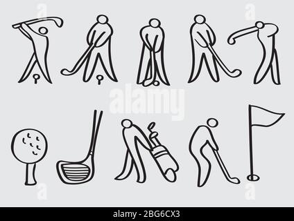 Stilizzato linea art vettoriale icone cartoni animati per sport di golf isolato su sfondo grigio pianura Illustrazione Vettoriale