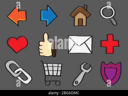 Disegni vettoriali di internet web e icone di computer isolati su sfondo grigio. Illustrazione Vettoriale