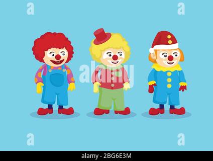 Set di tre graziosi clown in colorati costumi da palco e illustrazione vettoriale del naso rosso. Design del carattere isolato su sfondo blu. Illustrazione Vettoriale