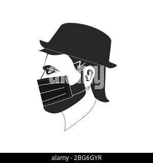 Il volto dell'uomo come illustrazione con maschera di protezione antivirus e cappello eps10 Illustrazione Vettoriale