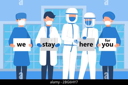 Team medico che indossa maschera medica e che tiene banner noi rimanere qui per voi. Campagna a distanza sociale per prevenire la diffusione dell'epidemia di coronavirus. Quarant Illustrazione Vettoriale