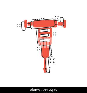 Icona jackhammer in stile comico. Disappannamento dell'illustrazione vettoriale del pacchetto su sfondo isolato bianco. Distruggi il concetto di affari di effetto di spruzzo. Illustrazione Vettoriale