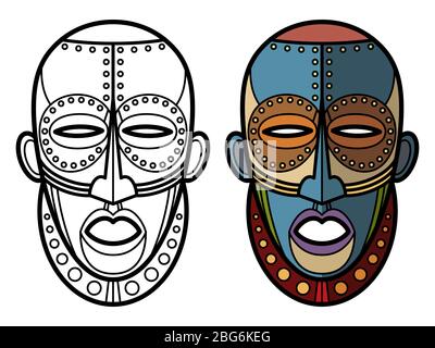 Maschere aztec messicane indiane pagina di colorazione di set isolato su bianco. Illustrazione vettoriale Illustrazione Vettoriale