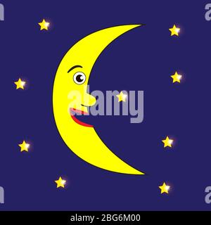 Luna sorridente e stelle brillanti nel cielo notturno. Illustrazione Vettoriale