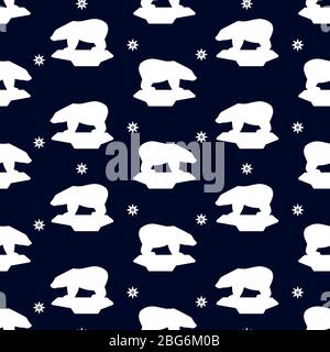 Silhouette di orso bianco su ghiaccio e fiocchi di neve con motivo senza cuciture. Illustrazione vettoriale Illustrazione Vettoriale