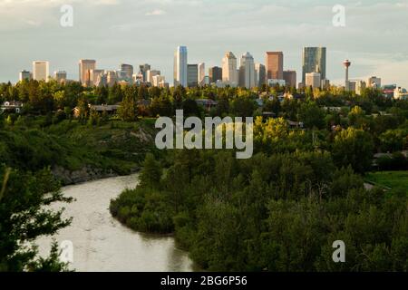 Lo skyline della città di Calgary, Alberta, Canada visto da lontano con gli alberi e il fiume Elbow. Foto Stock