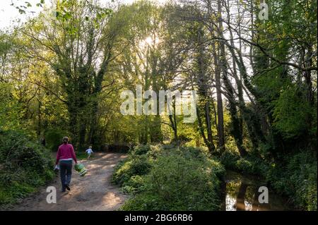 Madre e bambino camminano attraverso la Valle di Scrase, una riserva naturale locale con boschi, praterie e paludi a Haywards Heath, West Sussex, Regno Unito. Foto Stock