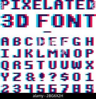 Font 3d pixelated per il gioco video. 8 bit pixel art vecchia scuola alfabeto latino con effetto distorsione anaglifo. ABC retro per gioco, pixel alfabetici e numbe, Illustrazione Vettoriale