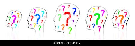 Forme della testa, punti interrogativi - illustrazione 3D Foto Stock