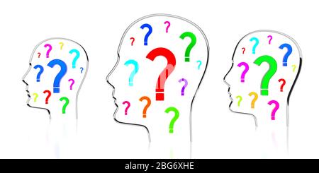 Forme della testa, punti interrogativi - illustrazione 3D Foto Stock
