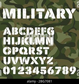 Antico alfabeto militare, lettere e numeri in grassetto sullo sfondo verde dell'esercito. Font vettoriale stencil. Carattere alfabetico vettoriale, esercito militare lett Illustrazione Vettoriale