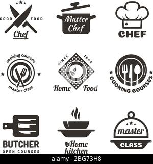 Etichette delle classi master di cucina. Emblemi del menu del ristorante o del caffè. Logo vettoriale chef isolato su sfondo bianco. Badge di cucina per la lezione di ristorante illustra Illustrazione Vettoriale