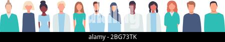 Illustrazione vettoriale orizzontale in stile piatto isolata su bianco. Coronavirus. Medici, infermieri, operatori sanitari, personale medico. Gruppo multietnico di Illustrazione Vettoriale