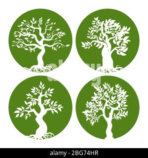 Set di icone con silhouette ad albero verde. Verde albero natura in collezione emblemi rotondi. Illustrazione vettoriale Illustrazione Vettoriale