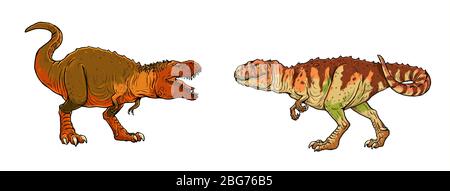 Dinosauri lotta. Gigantosauro contro Tyrannosaurus Rex. Illustrazione Dino. Foto Stock