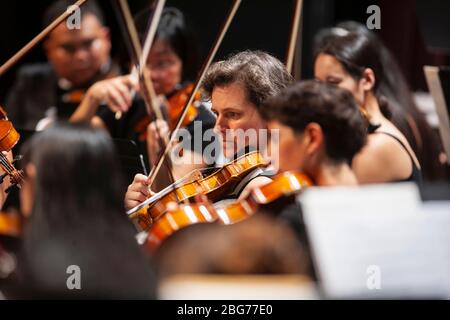 I giocatori della sezione Viola (tutti i modelli usciti) si esibiscono in orchestra classica. Foto Stock