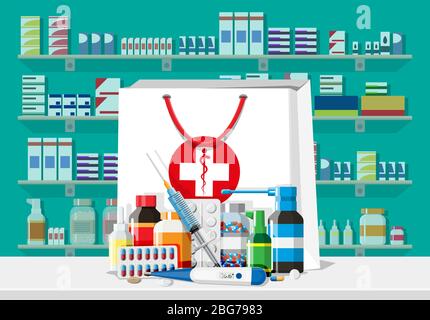 Interni moderni della farmacia. Pillole di medicina capsule flaconi vitamine e compresse. Vetrina di farmacia. Scaffali con medicinali. Medicina, vitamina, antibiotico sanitario. Illustrazione del vettore flar Illustrazione Vettoriale