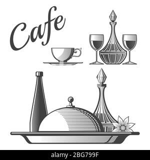 Caffè in stile incisione, elementi del ristorante - tazza vettoriale, bicchieri da vino, illustrazione dei piatti Illustrazione Vettoriale