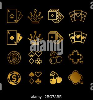 Golden casino, gioco d'azzardo, linea di poker e silhouette vettoriale icone di set isolato illustrazione Illustrazione Vettoriale