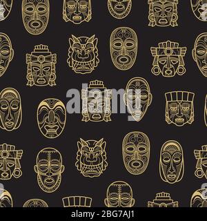 Maschera tribale storica azteca indiana e africana dorata sfondo con motivo senza cuciture. Illustrazione vettoriale Illustrazione Vettoriale