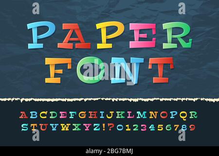 Alfabeto su carta a colori. Carattere divertente cartoon vacanza. Lettere e numeri vettoriali per bambini della scuola. Illustrazione della carta abc e numeri classici origami Illustrazione Vettoriale
