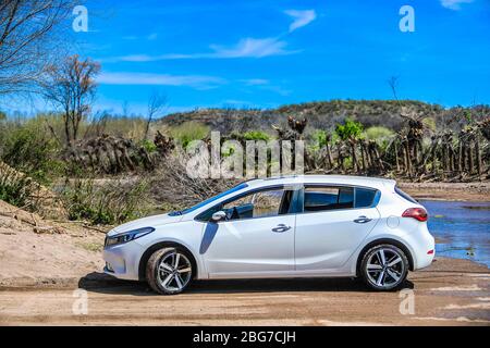 Fiume sonora, mentre passa attraverso il guado del Buenavista, comunità sonora nel comune di Arizpe, sonora, Messico. Auto Kia, Kia Forte, Auto, Kia car. rio sonora a su paso por el vado de la comunidad Buenavista, sonora en en municipio de Arizpe, sonora, Messico.. (Foto:Luis Gutierrez NortePhoto.com) Foto Stock