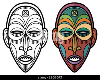 Pagina di colorazione della maschera tribale storica indiana azteca, africana, messicana. Illustrazione vettoriale Illustrazione Vettoriale