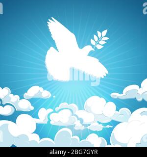Colomba di pace che vola nel cielo. Piccione bianco con concetto di sfondo ramo. Uccello speranza, libertà di volo in cielo illustrazione Illustrazione Vettoriale