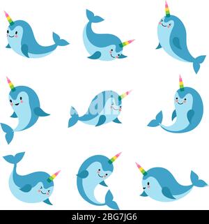 Carino cartoon anime unicorn narwhal. Personaggi divertenti del vettore delle balene kawaii baby. Animale carattere nuoto, acquatico affascinante e amichevole mitico pesce illu Illustrazione Vettoriale